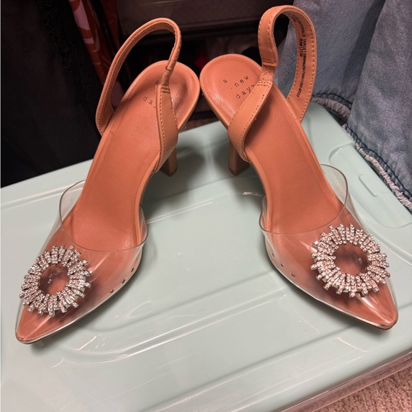 a new day Shoes - a new day Nude Tan Clear Slingback Heels with Crystal Brooch